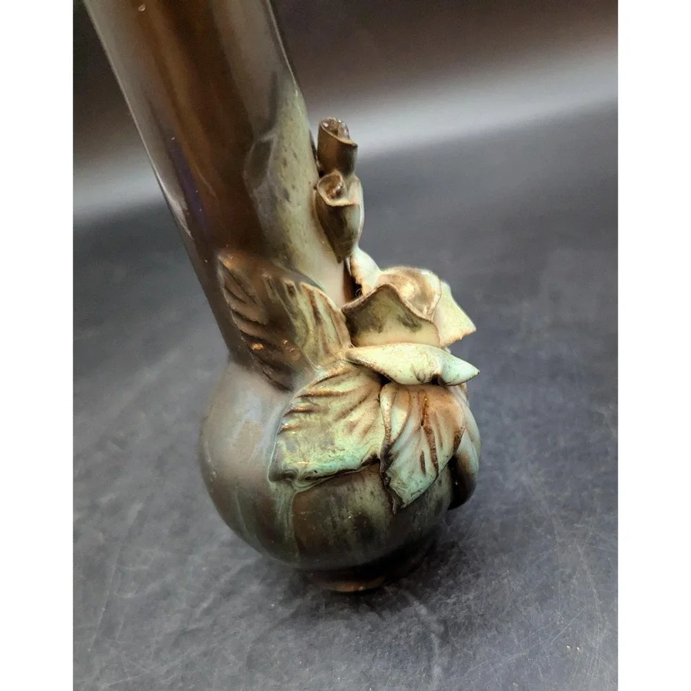 Vintage Lviv Ceramics Applied Flower Green Vase 7.25